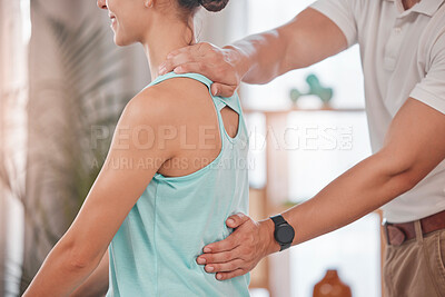 Buy stock photo Chiropractor, consultation and woman in physical therapy for her back pain, muscle stress and body performance. Physiotherapy, support and athlete with a physiotherapist to help with rehabilitation