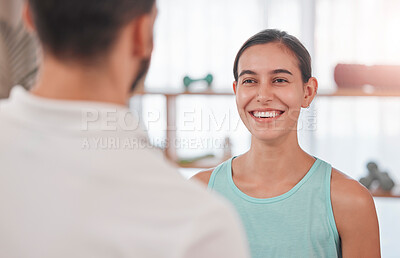 Buy stock photo Physiotherapy, consultation and woman talking with therapist in clinic for treatment advice. Healthcare, wellness and happy female patient consulting medical chiropractor for rehabilitation options.