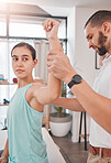 Physiotherapy, stretching and woman with a physiotherapist for rehabilitation, healthcare and muscle performance. Physical therapy, training and patient with a man for a consultation on health
