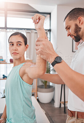 Buy stock photo Physiotherapy, stretching and woman with a physiotherapist for rehabilitation, healthcare and muscle performance. Physical therapy, training and patient with a man for a consultation on health