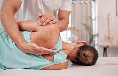 Buy stock photo Doctor, chiropractor and woman with back pain for physiotherapy from a physiotherapist helping with spine alignment. Rehabilitation and chiropractic worker healing a healthy girls spinal posture