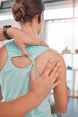 Buy stock photo Hands, physiotherapy and woman with back pain in consultation room with physiotherapist and mockup. Hand, physical therapy and healthcare worker massage, check and feel girl spine, muscle and joint