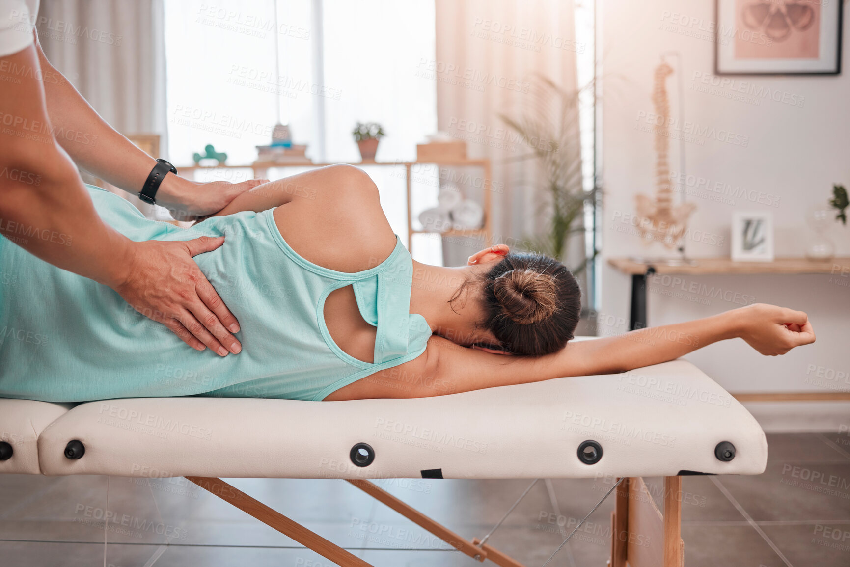 Buy stock photo Spa, wellness and physiotherapy, massage and muscle relax with woman and physiotherapist for health and physio. Body care, chiropractor and back massage at clinic with healthy physical therapy.