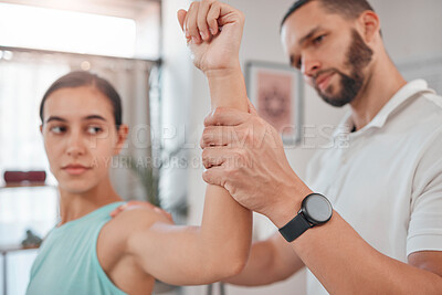 Buy stock photo Physical therapy, exam and physiotherapy with woman muscle in healthcare, fitness wellness or sports injury check. Medical chiropractic stretching, physiotherapy and orthopedic doctor helping patient