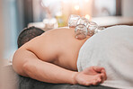 Asian cupping therapy massage, man client and homeopathic healing for stress, back pain relief and wellness. Alternative treatment, physical therapy exercise and zen physiotherapy meditation wellness