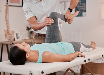 Buy stock photo Leg, physiotherapy and healthcare of woman at hospital for rehabilitation, recovery or wellness. Help, physical therapy or female patient with chiropractor for stretching, knee pain or injury healing