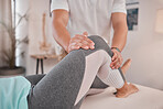 Physical therapy, leg and chiropractor massage a woman patient in a health and wellness consultation. Physiotherapist, medical and healthcare of a consulting physio helping with a knee injury