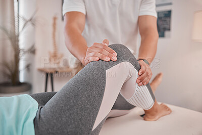 Buy stock photo Physical therapy, leg and chiropractor massage a woman patient in a health and wellness consultation. Physiotherapist, medical and healthcare of a consulting physio helping with a knee injury