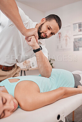 Buy stock photo Woman with chiropractor, physiotherapy and a spine massage back pain relief, spinal alignment and lower back pain. Physical therapy clinic, physiotherapist and physio help medical injury or scoliosis