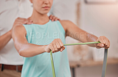 Buy stock photo Woman hands, man and physiotherapy resistance band in for strong muscle growth, strength management or mobility. Physiotherapist, sports athlete or personal trainer in band rehabilitation healthcare