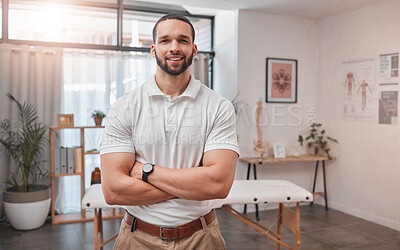 Buy stock photo Physiotherapy, portrait and proud man with vision for wellness, goal and motivation in consultation room. Luxury, leader and spa owner excited about his career startup, focused on zen and relaxation