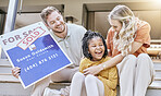 Adoption, family and new house smile, happy and homeowner together outdoor. Love, foster parents and black girl celebrate purchase of home, happiness and enjoy quality time on porch, bonding and care