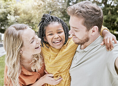 Buy stock photo Happy family, parents and adoption kid at park, garden and nature for fun, bonding and quality time with love, care and happiness together. Smile black kid hug foster mom, dad and diversity people 
