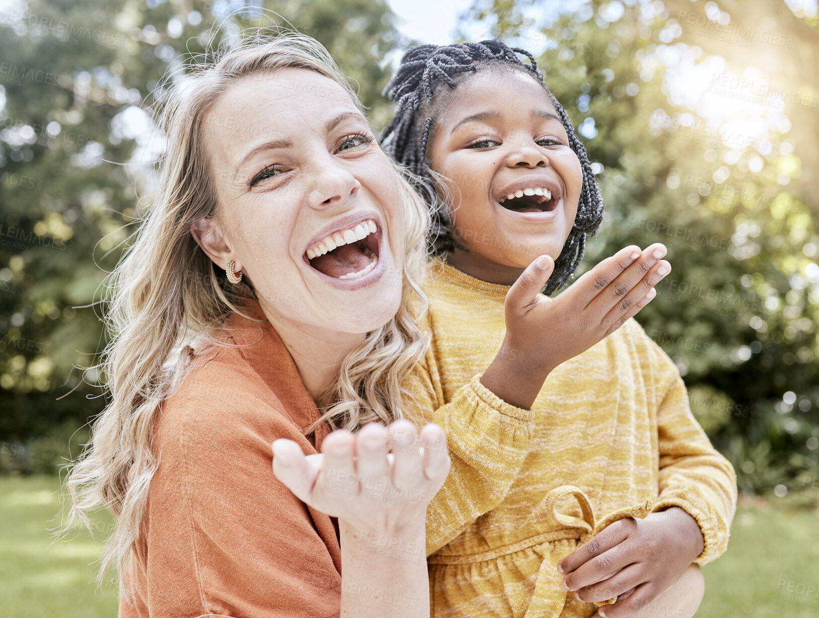 Buy stock photo Adoption, mother and girl outdoor, smile or happy being loving, bonding or happy together. Portrait, adopted child or black girl with foster mother, happiness or love for care, relax and quality time