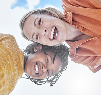 Buy stock photo Portrait, mother and black girl with adoption, smile and blue sky background from below outdoor in nature. Happy, family and love, care and laugh together with fun , happiness and relationship