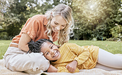 Buy stock photo Relax, mother and adoption child picnic with park blanket for bonding, happiness and wellness. Foster, trust and mama with black kid in South Africa with happy family smile together in nature.


