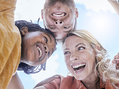 Buy stock photo Happy, smile and interracial family hug of mother, father and girl faces outdoor with love and care. Happiness, laughing and summer fun huddle of a mom, dad and kid with below blue sky view 