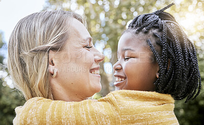 Hug, smile and mother love with girl in a nature park with love, parent care and diversity. Happy, relax and hugging mom and kid bonding together in summer on mothers day or summer holiday outdoor