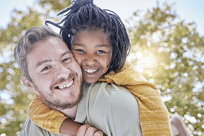 Buy stock photo Portrait of father piggy back foster care girl in park for fun, bonding and quality time with love, care and happiness together. Adopted black kid relax with dad, diversity and happy family in garden