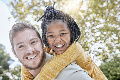 Buy stock photo Park, family and interracial father and girl having fun, playing and enjoying nature together. Multicultural, love and portrait of dad carrying child outdoors on weekend, holiday and summer vacation