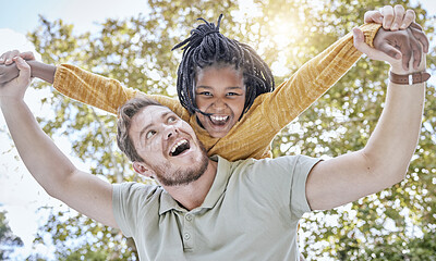 Buy stock photo Family, child and adoption piggy back with happy, excited and fun father bonding with daughter in nature. Happiness, care and support of foster dad with black kid smile together in park.
