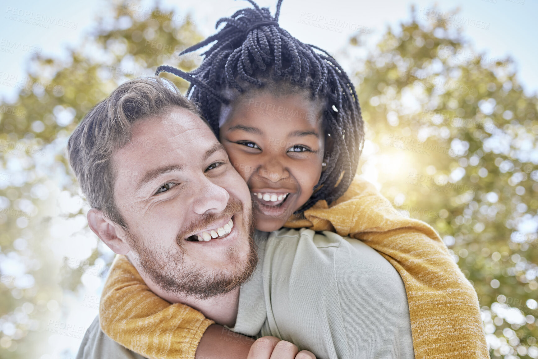 Buy stock photo Family, happiness and adoption with a father and child outdoor with trust for piggy back ride for love and support with a smile in summer. Portrait of a man and foster kid in a nature park for fun