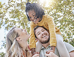 Adoption, family and parents with girl, outdoor or smile together with happiness. Adopted daughter, mother or father carry black child, happy or relax with love, diversity, and play for quality time.