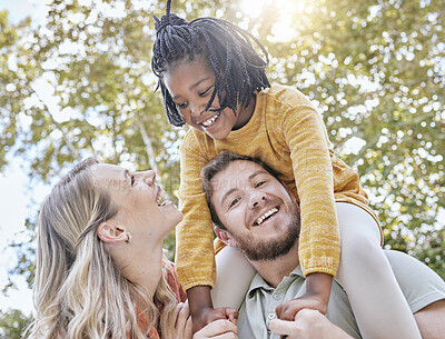 Buy stock photo Adoption, family and parents with girl, outdoor or smile together with happiness. Adopted daughter, mother or father carry black child, happy or relax with love, diversity, and play for quality time.