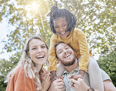 Buy stock photo Diversity, adoption and girl with parents in a park in summer for support, love and care on holiday. Happy, smile and portrait of African child with mother and father in foster care bonding in nature