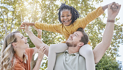 Buy stock photo Family, adoption and piggyback in the park with a girl and foster parents having fun together in the park. Diversity, playful and freedom with a mother, father and daughter bonding outdoor in nature