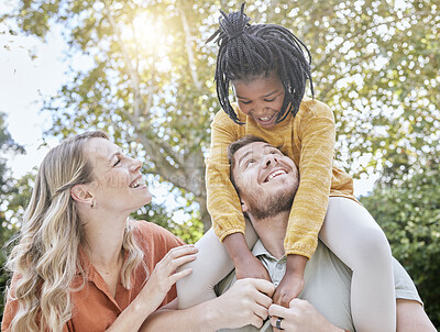 Buy stock photo Family, happiness and nature park with mom, dad and a child together outdoor for love, care and support after adoption of foster girl. Smile, trust and happy man, woman and kid on vacation to relax