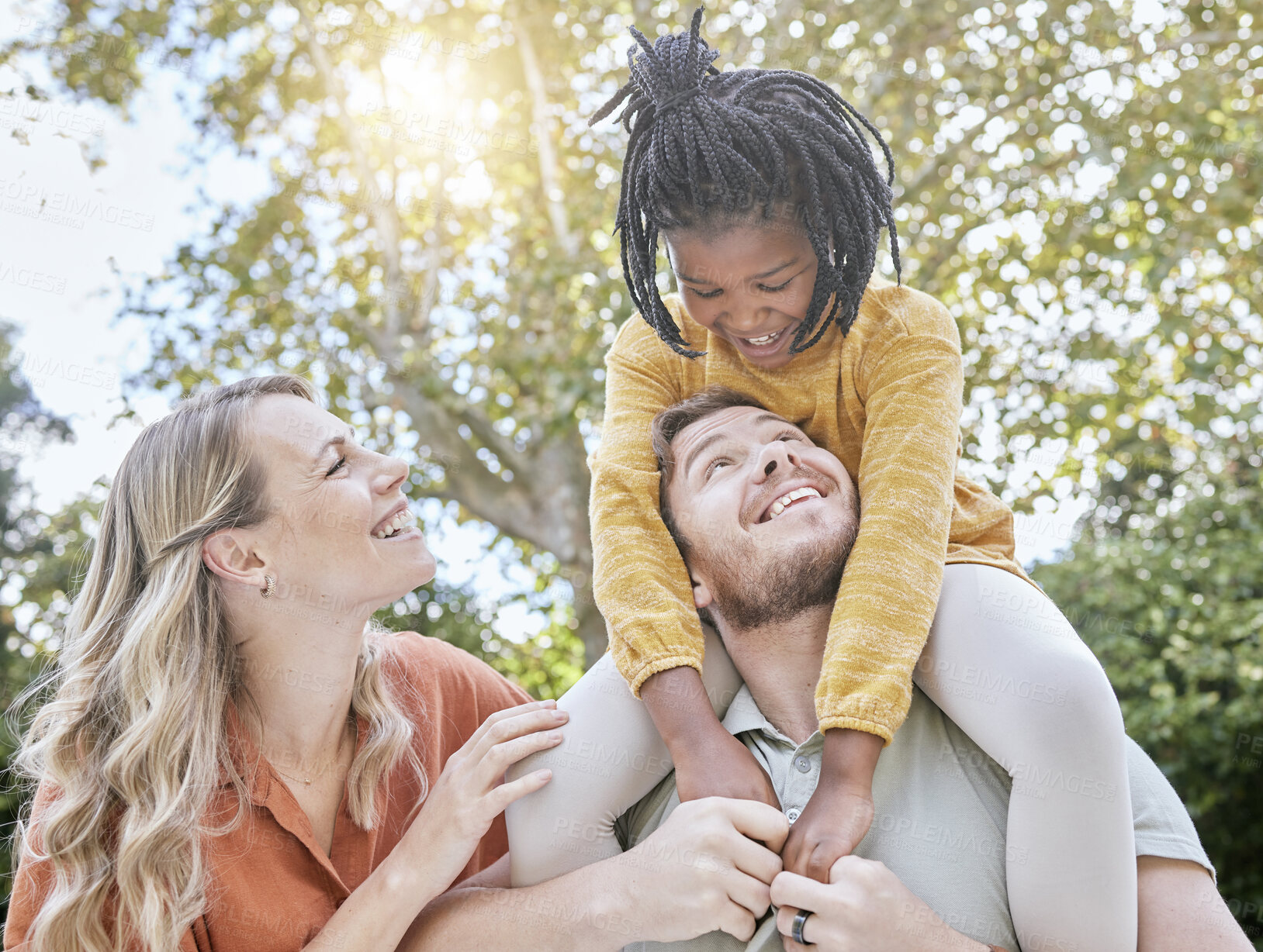 Buy stock photo Family, happiness and nature park with mom, dad and a child together outdoor for love, care and support after adoption of foster girl. Smile, trust and happy man, woman and kid on vacation to relax