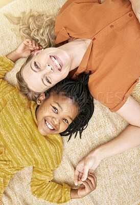 Buy stock photo Woman, girl love and family, relax together on living room floor in overhead portrait, happiness and bonding in family home. Mother, child relationship and spending quality time, care and happy.