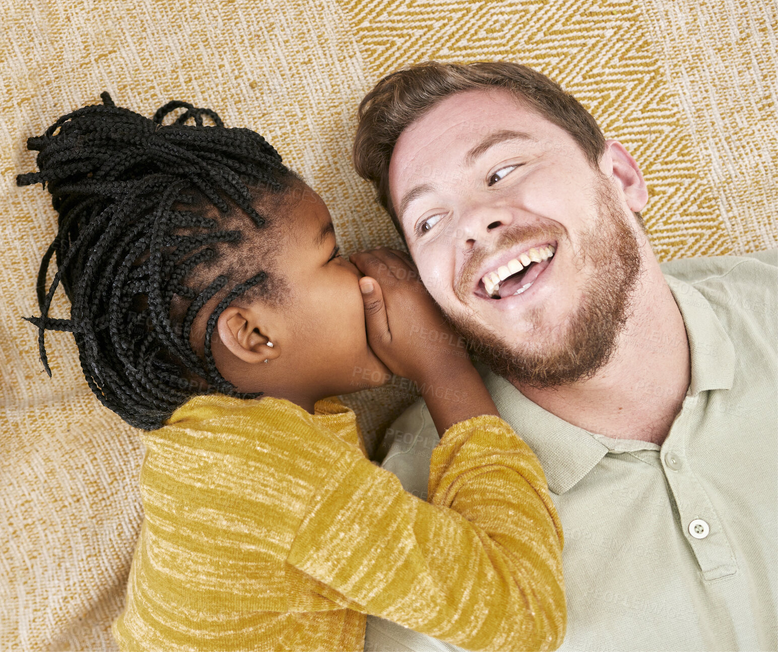 Buy stock photo Happy, whisper secret and child in an interracial family with father with a smile about adoption above. Dad, girl and kid care of a man with happiness, love and parent care on a home carpet bonding