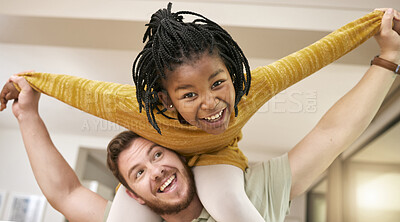Buy stock photo Happy father, adoption and smile for piggyback ride, playing or fun bonding relationship together at home. Dad carrying adopted kid on shoulders smiling for joyful family play time in the house