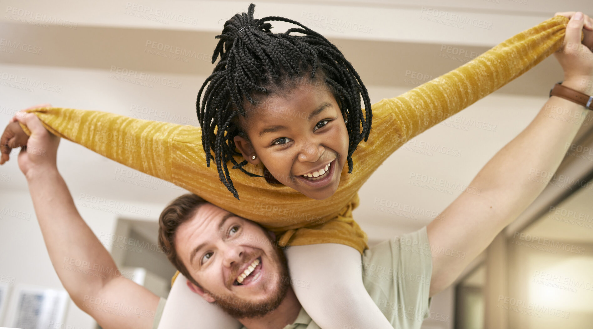Buy stock photo Happy father, adoption and smile for piggyback ride, playing or fun bonding relationship together at home. Dad carrying adopted kid on shoulders smiling for joyful family play time in the house
