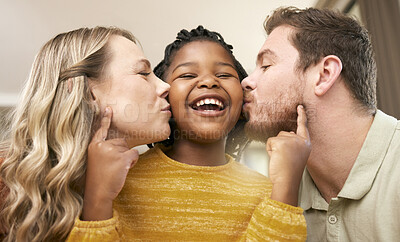 Buy stock photo Love, foster and parents kiss daughter for adopted relationship bonding in loving, caring home. Adoption, interracial and mother and father with cheerful little girl being kissed in house