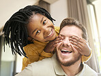 Adopted child, man or father bonding in fun game in house living room, hotel or family home in hide and seek activity, love and trust. Portrait, smile or playful black girl with foster support parent