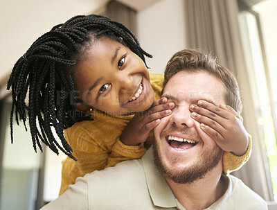 Buy stock photo Adopted child, man or father bonding in fun game in house living room, hotel or family home in hide and seek activity, love and trust. Portrait, smile or playful black girl with foster support parent