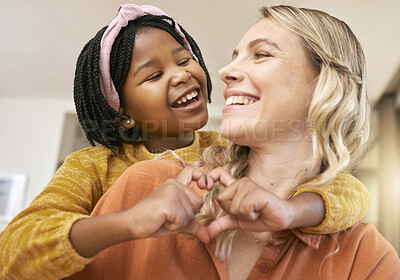 Buy stock photo Heart sign, adoption and mother with black girl, happy together for bonding, loving and smile. Love, foster mother and daughter being cheerful, happiness and joyful to celebrate adopted child in home