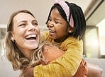 Piggyback, bonding and mother and child in foster care on mothers day with love, smile and support. Family, interracial and African girl with a playful hug for her mom after adoption in their home