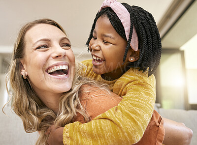 Buy stock photo Piggyback, bonding and mother and child in foster care on mothers day with love, smile and support. Family, interracial and African girl with a playful hug for her mom after adoption in their home