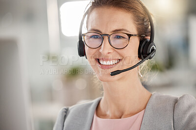 Buy stock photo Business woman in call center, happy customer service support agent in office or working online in Berlin. Professional telemarketing consultant, help desk job or contact us for crm communication