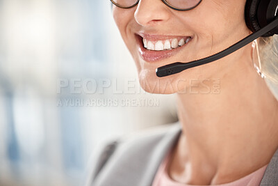 Buy stock photo Woman, smile closeup and call center microphone of customer support employee in office. Telemarketing, call center consultant and crm contact us or sales company insurance phone call on headphones