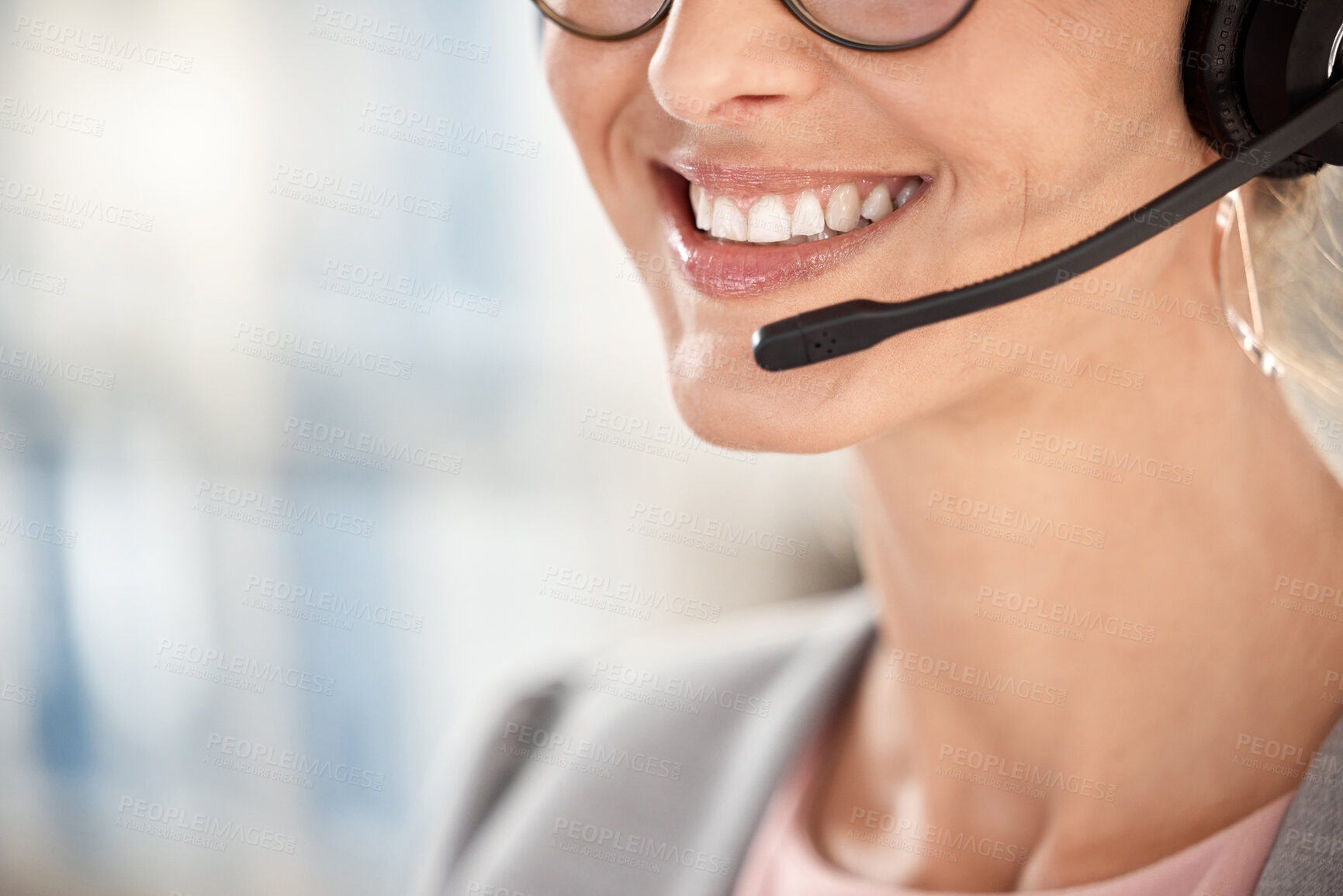Buy stock photo Woman, smile closeup and call center microphone of customer support employee in office. Telemarketing, call center consultant and crm contact us or sales company insurance phone call on headphones