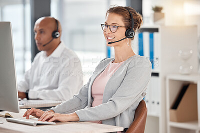 Buy stock photo Call center, contact us and worker with a computer for support, help and consulting on the internet. Telemarketing, happy and mature customer service agent typing an email for technical support