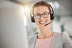 Telemarketing, customer service and happy woman at call center office pc for online consulting or crm. Contact us, customer support and sale consulting employee working on company deskop computer 