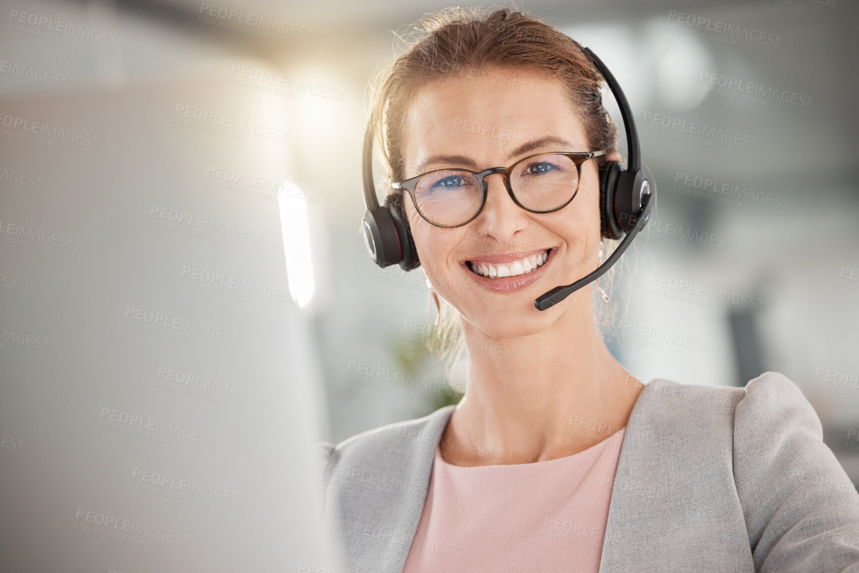 Buy stock photo Telemarketing, customer service and happy woman at call center office pc for online consulting or crm. Contact us, customer support and sale consulting employee working on company deskop computer 