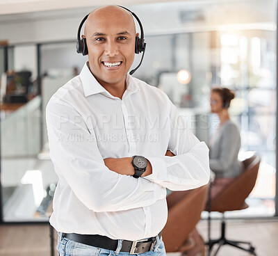 Buy stock photo Businessman, call center and arms crossed with smile for telemarketing, customer service or support at the office. Portrait of happy and confident man in contact us, consulting or online hotline help