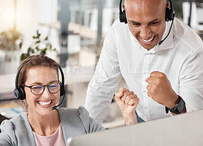 Buy stock photo Call center, celebration and team happy about success, target and sales of a consultant in training with her mentor, coach or manager. Man and woman in telemarketing, CRM and customer service office
